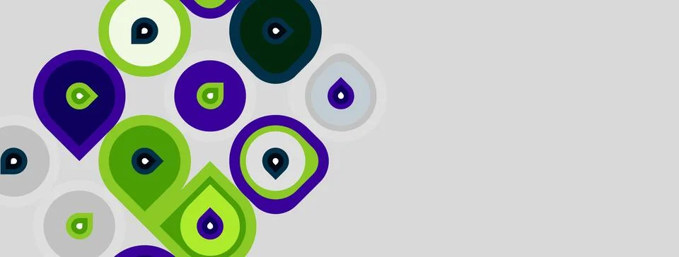 Abstract pattern features colorful circles, squares. Shapes overlap creating Stock Illustration