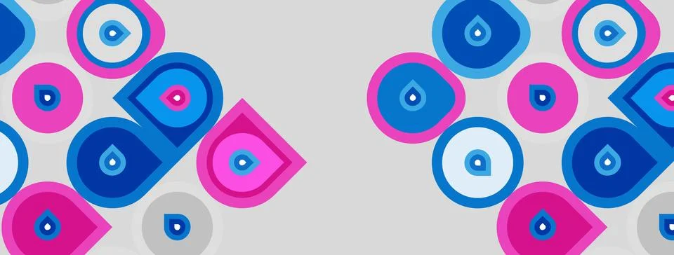 Abstract pattern features colorful circles, squares, teardrops. Shapes overla Stock Illustration