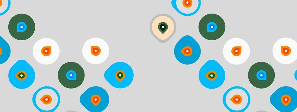 Abstract pattern features colorful circles, dots. Shapes repeat across gray Stock Illustration