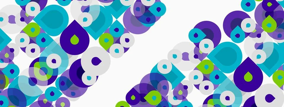 Abstract pattern features colorful circles, squares, teardrops. Shapes overla 스톡 일러스트