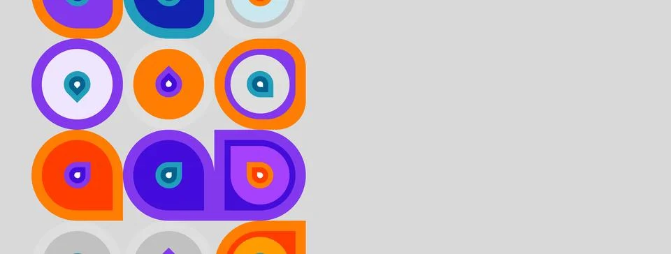 Abstract pattern features colorful circles, squares, drops. Minimalist design Stock Illustration