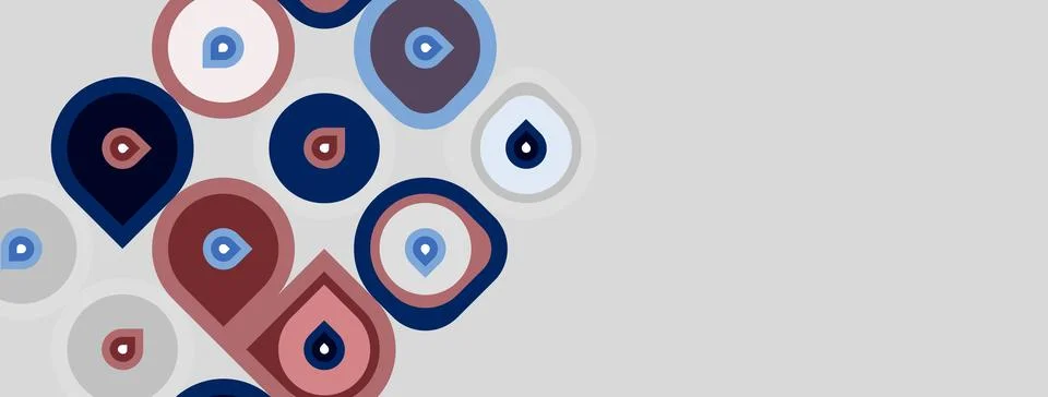 Abstract pattern features colorful eyes. Shapes overlap, creating visual Illustrazione stock