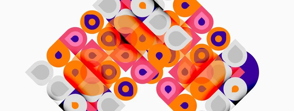 Abstract pattern features colorful overlapping circles, squares. Shapes creat Stock Illustration