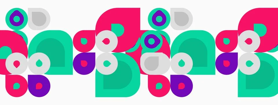 Abstract pattern features colorful overlapping circles, squares, rectangles. 库存插图