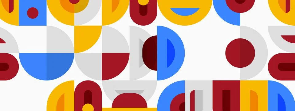 Abstract pattern features colorful overlapping semicircles, circles, rectan.. Stock Illustration