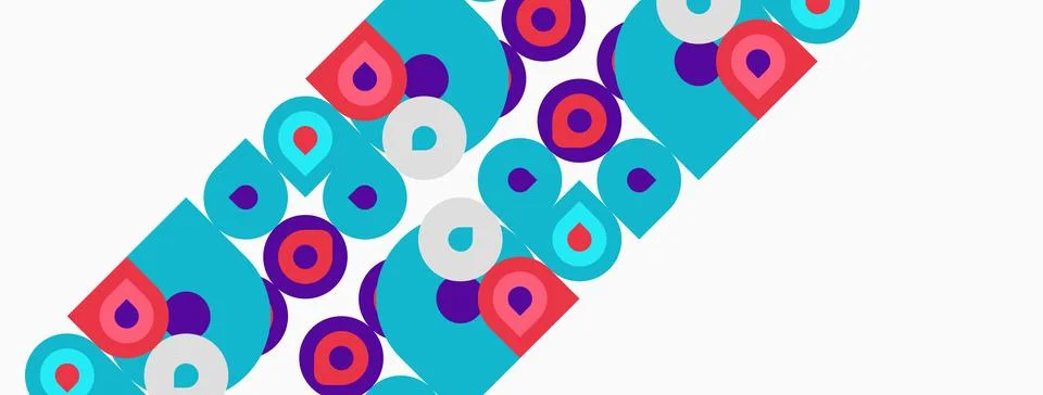 Abstract pattern features colorful overlapping circles, squares. Shapes repea Stockillustratie