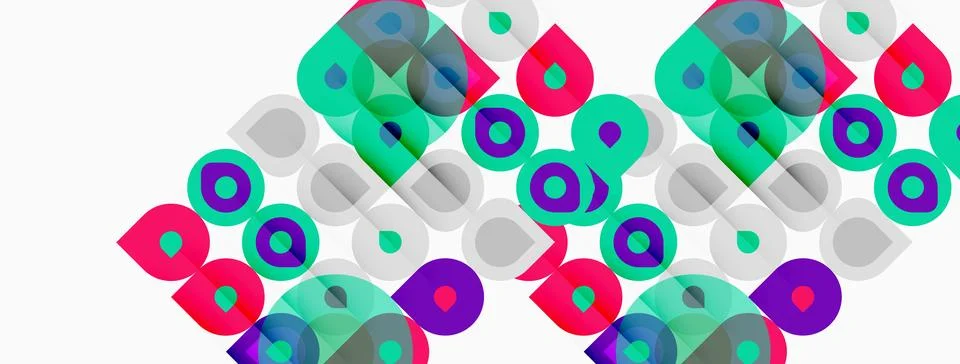 Abstract pattern features colorful overlapping shapes. Circles, squares, Stock Illustration