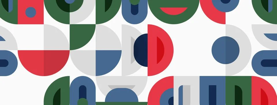 Abstract pattern features colorful semicircles, squares, dots. Simple shapes Illustrazione stock