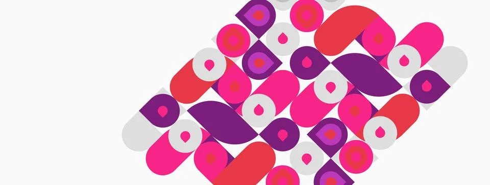 Abstract pattern features colorful shapes, circles, squares. Pink, purple hue 库存插图