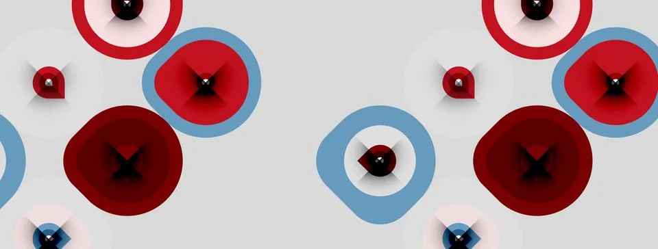 Abstract pattern features concentric circles, red and blue hues. Shapes overl 스톡 일러스트