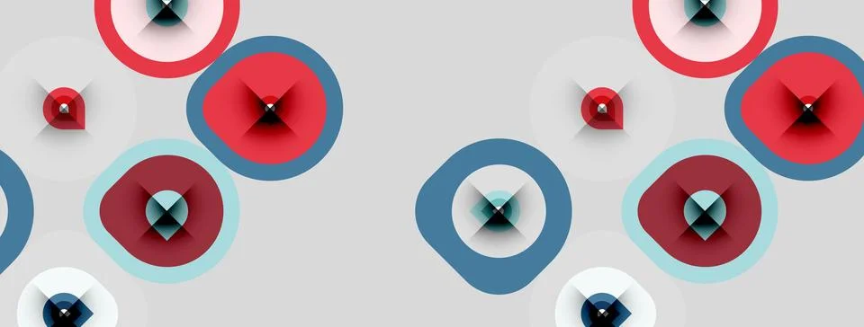 Abstract pattern features concentric circles, red, blue, gray tones. Minimali Illustrazione stock