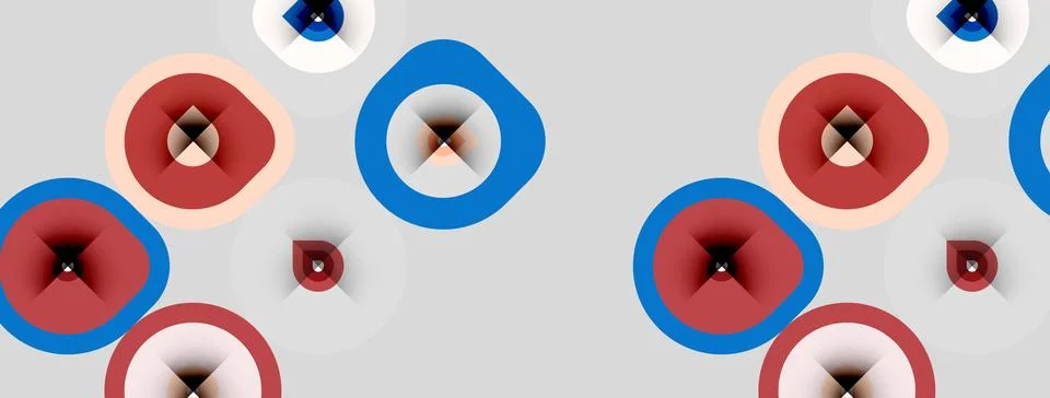 Abstract pattern features concentric circles, red, blue, peach hues. Shapes Illustrazione stock