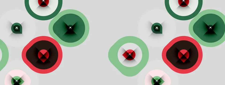 Abstract pattern features concentric circles. Red, green hues dominate design Stock Illustration