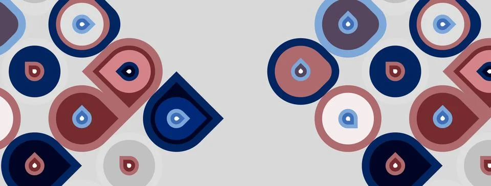 Abstract pattern features eye motifs, circles, squares. Colors include blue, Stock Illustration