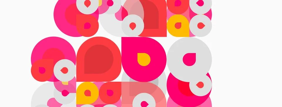 Abstract pattern features overlapping circles. Pink, red, yellow hues dominat Illustrazione stock