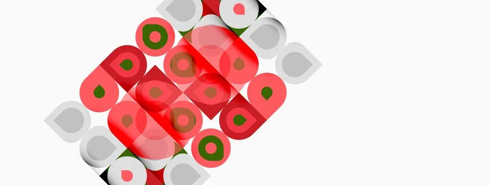 Abstract pattern features overlapping circles. Red, green, gray shades create Illustrazione stock