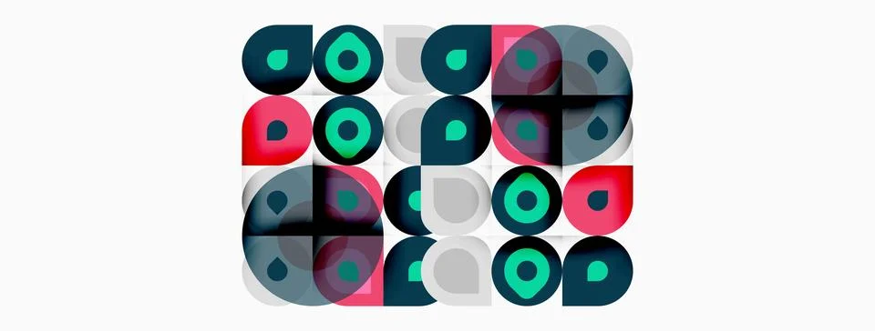 Abstract pattern features overlapping circles, squares. Colors include red,.. Stock Illustration