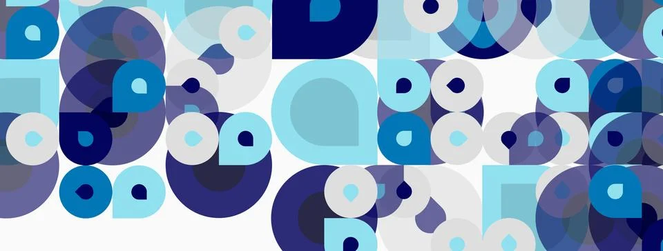 Abstract pattern features overlapping circles, squares. Shades include blues, Stock Illustration