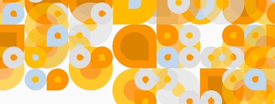 Abstract pattern features overlapping circles, squares. Warm yellow, orange.. Stockillustratie