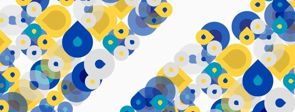 Abstract pattern features overlapping circles, yellow, blue hues. Shapes crea Illustrazione stock