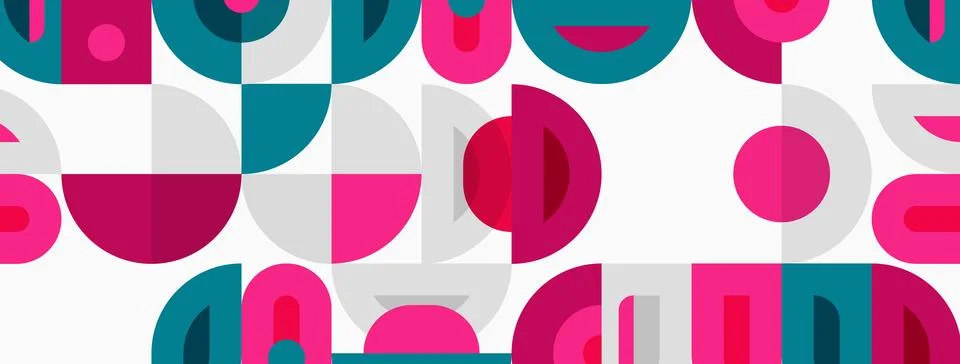 Abstract pattern features overlapping circles, semicircles. Pink, teal, gray Stock Illustration