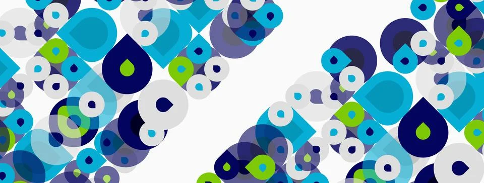 Abstract pattern features overlapping circles, squares, drops. Colors include Illustrazione stock