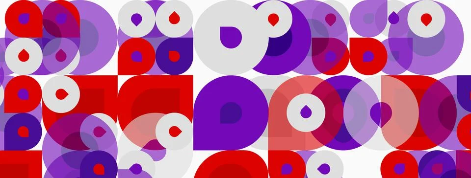 Abstract pattern features overlapping circles, squares. Red, purple hues Stock Illustration