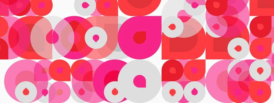 Abstract pattern features overlapping circles. Pink, red, white hues create Illustrazione stock