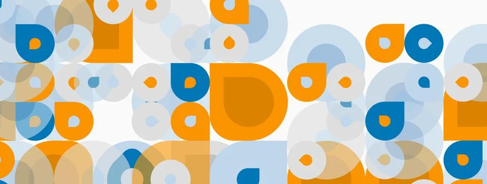 Abstract pattern features overlapping circles, squares. Orange, blue hues Illustrazione stock