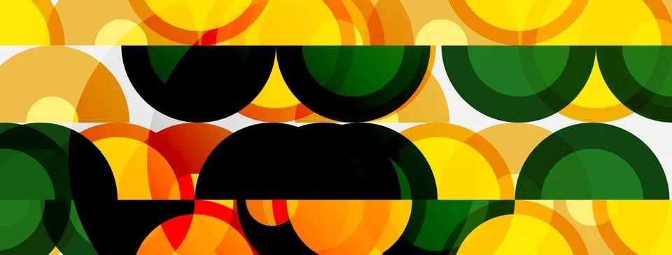 Abstract pattern features overlapping circles. Colors include yellow, green, Illustrazione stock