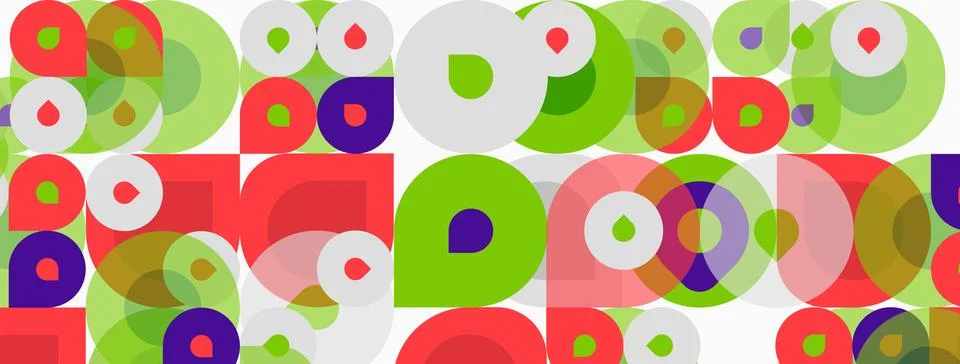 Abstract pattern features overlapping circles, squares, vibrant colors. Stockillustratie