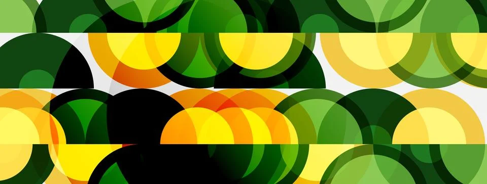 Abstract pattern features overlapping circles. Green, yellow, orange hues c.. Stock Illustration
