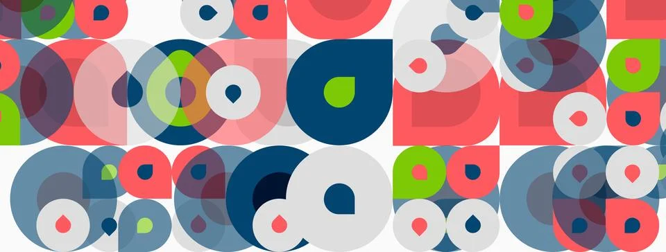 Abstract pattern features overlapping circles, squares. Colors include blue, Stock Illustration