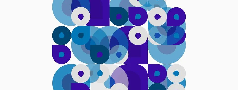 Abstract pattern features overlapping circles, squares. Blue, teal, white Stockillustratie