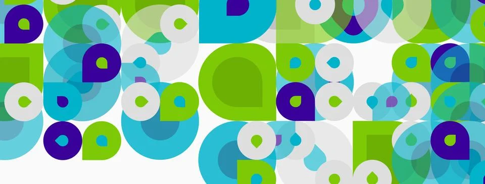 Abstract pattern features overlapping circles, vibrant hues. Green, blue, p.. Stockillustratie
