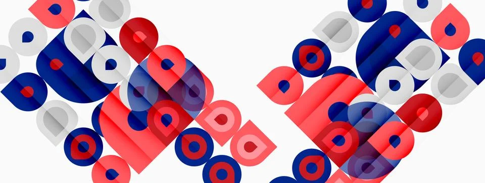 Abstract pattern features overlapping circles, squares. Red, blue, gray color Stockillustratie