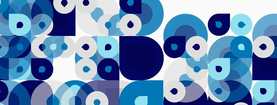 Abstract pattern features overlapping circles, varying shades blue, white, Stock Illustration
