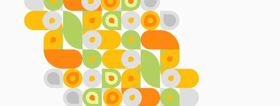 Abstract pattern features overlapping circles, squares, muted orange, yellow, Stockillustratie