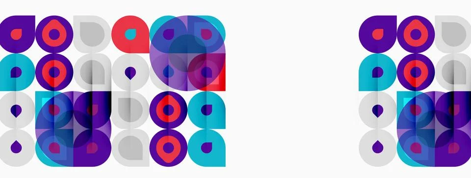 Abstract pattern features overlapping circles, squares. Colors include purple Stockillustratie