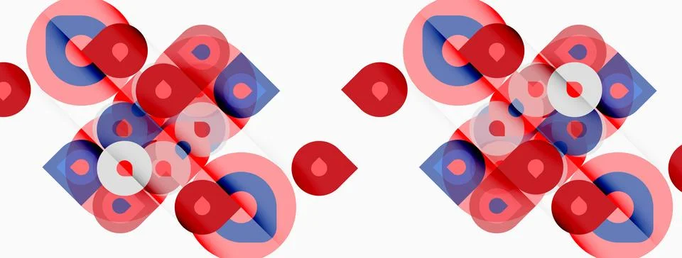 Abstract pattern features overlapping circles, squares. Red, blue, white colo Stockillustratie