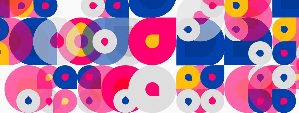 Abstract pattern features overlapping circles. Colors include pink, blue, y.. Stock Illustration