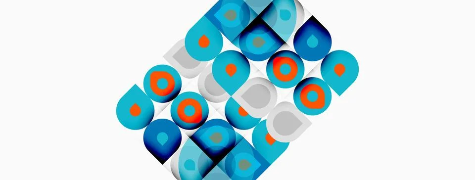 Abstract pattern features overlapping circles, vibrant blues, oranges. Geom.. Stock Illustration