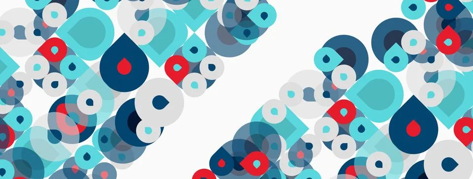 Abstract pattern features overlapping circles, squares, teardrops. Blue, red, Stock Illustration