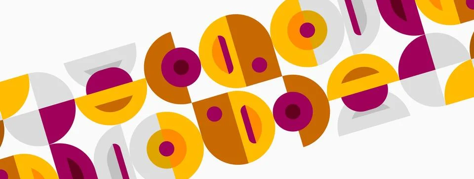 Abstract pattern features overlapping circles, rectangles. Colors include gol イラスト素材