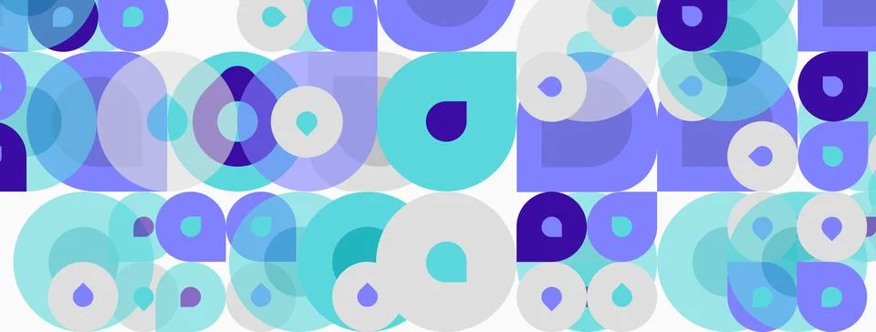 Abstract pattern features overlapping circles. Various blue, purple, white hu Stock Illustration