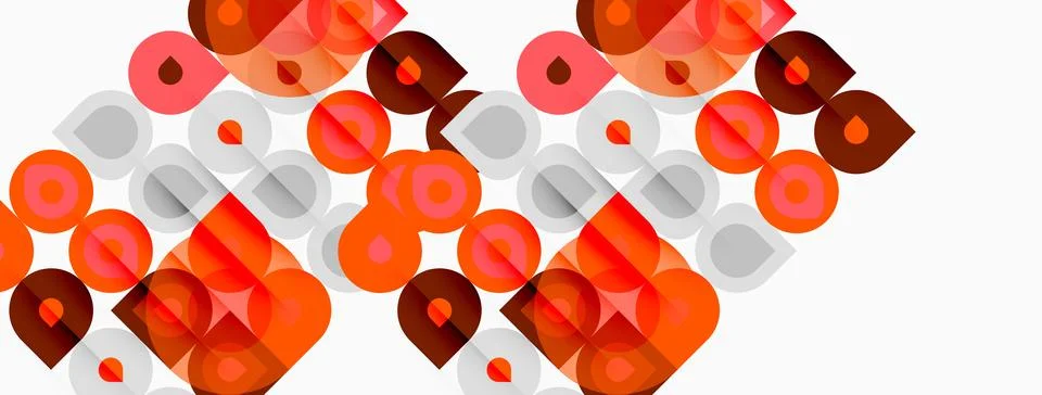 Abstract pattern features overlapping circles, squares. Warm orange, red hues Stockillustratie