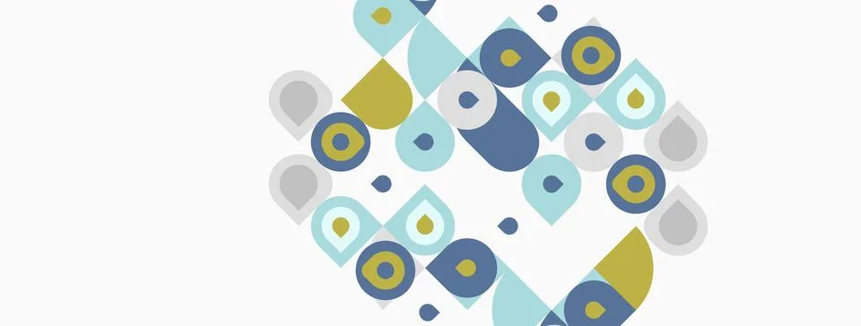 Abstract pattern features overlapping circles, squares. Colors include blue, Stockillustratie