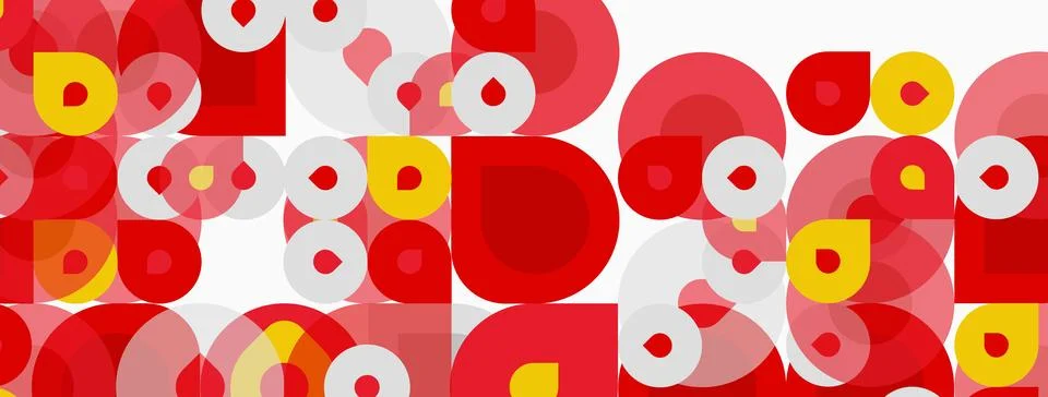 Abstract pattern features overlapping circles, varying sizes, red, white, y.. Stock Illustration