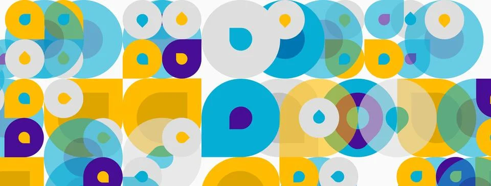 Abstract pattern features overlapping circles, squares. Colors include blue, 库存插图