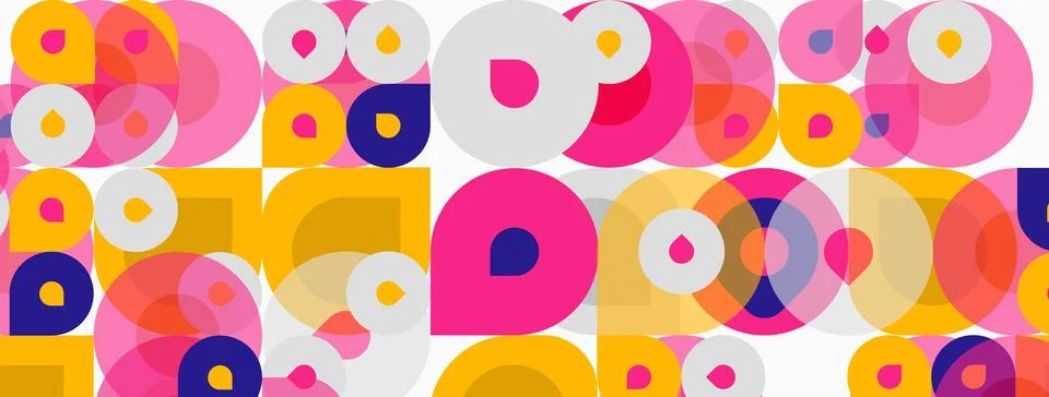 Abstract pattern features overlapping circles, squares. Pink, yellow, purple 스톡 일러스트
